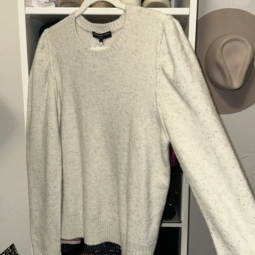Generation Love Ecru Sequin Top with Puff Sleeves - Picture 2 of 7